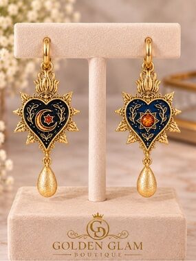 Heart Moon & Sun Gold Drop Earrings